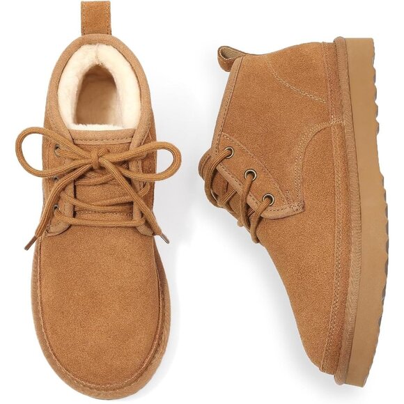 Women's Faux Fur Ankle Lined Short Lace Up Snow Mini Booties Light Brown Shoes - Picture 1 of 8